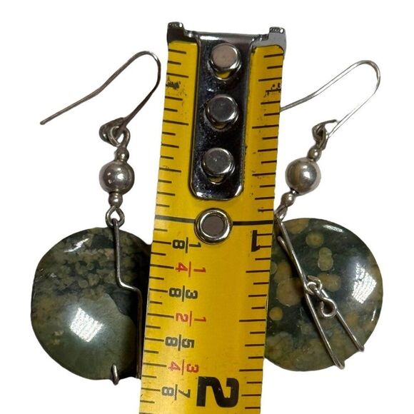 Natural Green Jasper Dangle Earrings Sterling Silver Wire Wrap & Hooks Vintage - Picture 5 of 5